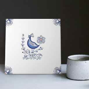 Delft Blue Dutch Style Bird Flowers Indigo Ceramic Tile