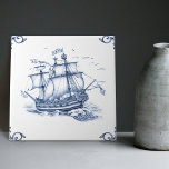 Delft Blue Dutch Style Frigate Schooner Sail Boat  Ceramic Tile<br><div class="desc">This beautiful handpainted ceramic tile showcases a classic schooner in the traditional Delft Blue Dutch style. Delft ceramic tiles have a long and rich history dating back to the 16th century when they were first produced in the Dutch city of Delft. Originally used to decorate the interiors of wealthy homes,...</div>