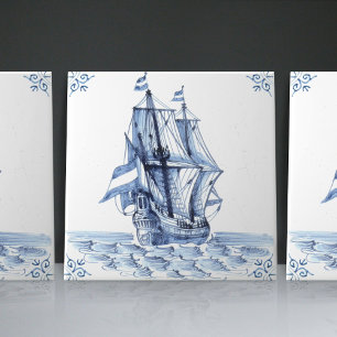 Delft Blue Dutch Style Frigate Schooner Sail Boat Ceramic Tile