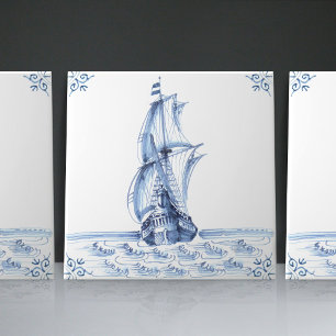 Delft Blue Dutch Style Frigate Schooner Sail Boat Ceramic Tile