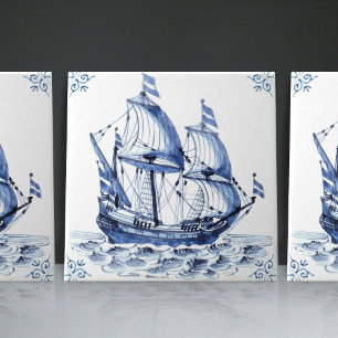Delft Blue Dutch Style Frigate Schooner Sail Boat Ceramic Tile