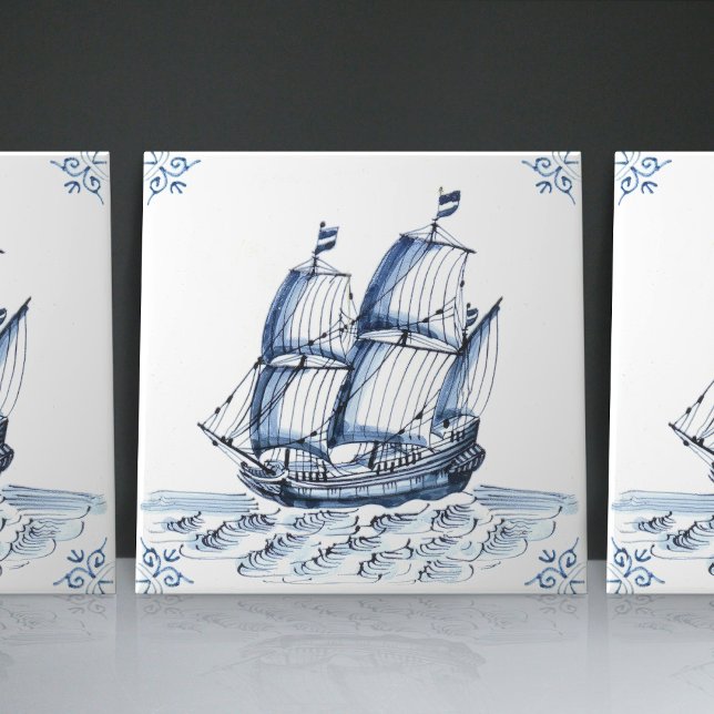 Delft Blue Dutch Style Frigate Schooner Sail Boat  Ceramic Tile (Creator Uploaded)