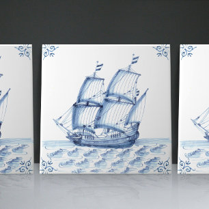 Delft Blue Dutch Style Frigate Schooner Sail Boat Ceramic Tile