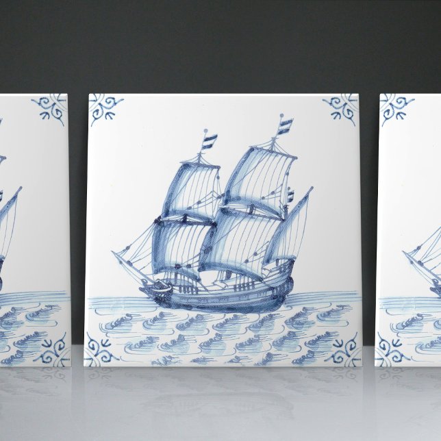 Delft Blue Dutch Style Frigate Schooner Sail Boat  Ceramic Tile (Creator Uploaded)