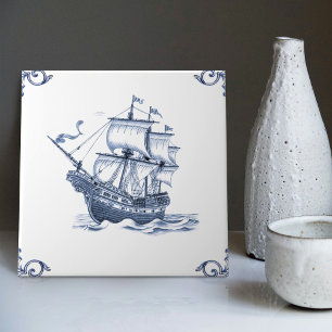 Delft Blue Dutch Style Frigate Schooner Sail Boat Ceramic Tile