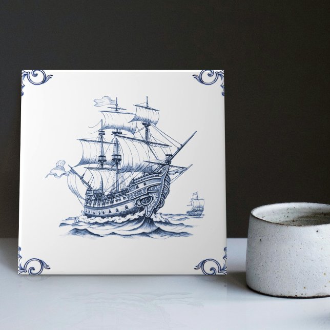 Delft Blue Dutch Style Frigate Schooner Sail Boat Ceramic Tile (Creator Uploaded)