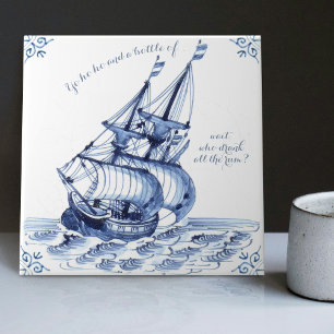 Delft Blue Dutch Style Frigate Schooner Sail Boat Ceramic Tile