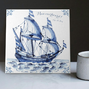 Delft Blue Dutch Style Frigate Schooner Sail Boat Ceramic Tile