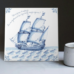 Delft Blue Dutch Style Frigate Schooner Sail Boat Ceramic Tile