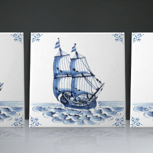 Delft Blue Dutch Style Frigate Schooner Sail Boat Ceramic Tile