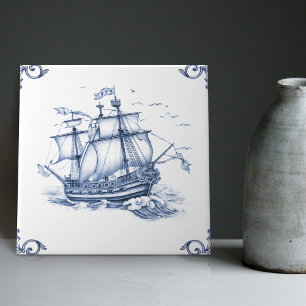Delft Blue Dutch Style Frigate Schooner Sail Boat Ceramic Tile