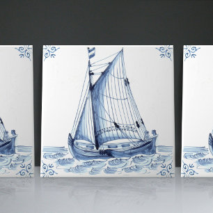 Delft Blue Dutch Style Frigate Schooner Sail Boat Ceramic Tile