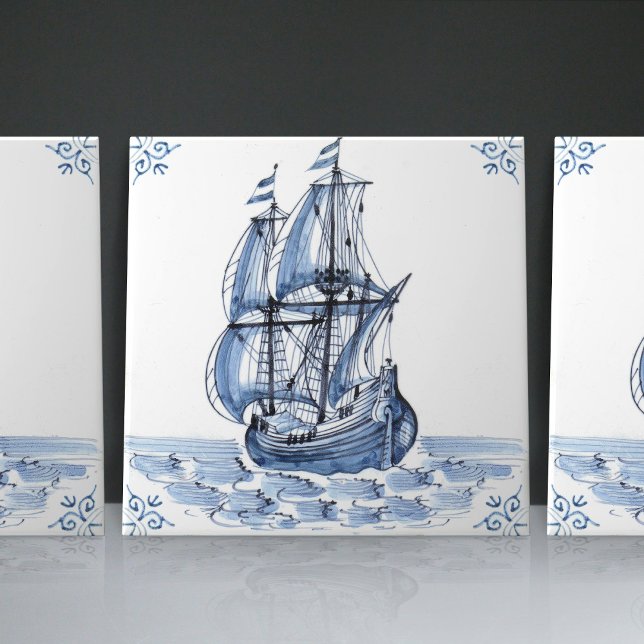 Delft Blue Dutch Style Frigate Schooner Sail Boat  Ceramic Tile (Creator Uploaded)