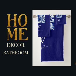 delft blue elegant Modern Floral Bath Towel Set