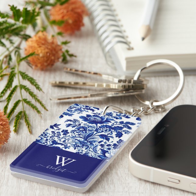 delft blue elegant Modern Floral style Key Ring (Front Right)