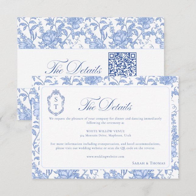 Delft Blue Floral Chinoiserie Monogram Wedding Enclosure Card (Front/Back)