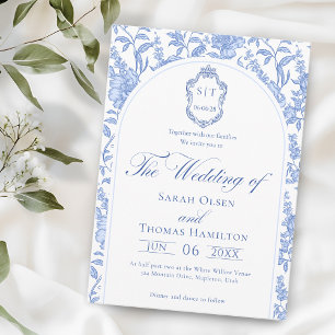 Delft Blue Floral Chinoiserie Monogram Wedding Invitation