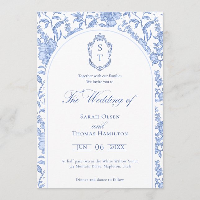 Delft Blue Floral Chinoiserie Monogram Wedding Invitation (Front)