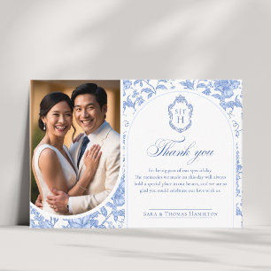 Delft Blue Floral Chinoiserie Monogram Wedding Thank You Card