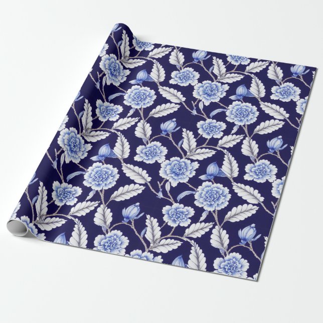 Delft Blue Floral Chinoiserie Porcelain Pattern Wrapping Paper (Unrolled)