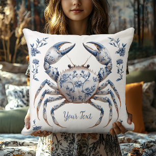 Delft Blue Floral Crab Coastal Rustic Beach House Cushion