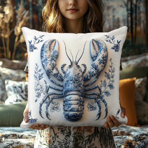 Delft Blue Floral Crab Coastal Rustic Beach House Cushion