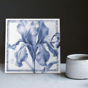 Delft Blue Iris Wall Decor Art Nouveau Watercolor Ceramic Tile