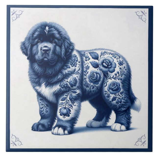 Delft Blue Newfoundland Puppy Ceramic Tile (Front)