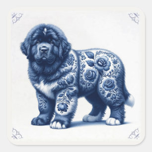 Delft Blue Newfoundland Puppy Square Sticker