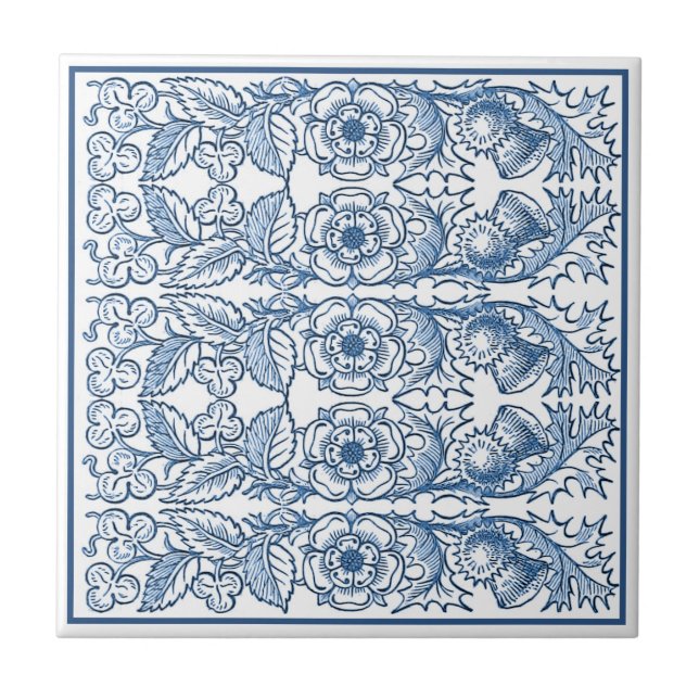 Delft Blue Ornamental Floral Art Nouveau Pattern Ceramic Tile (Front)