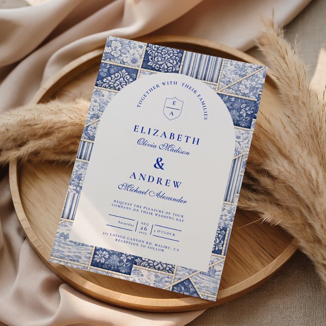 Delft Blue Patchwork Toile Wedding Invitation (Creator Uploaded)
