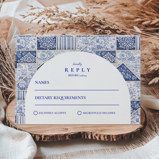 Delft Blue Patchwork Toile Wedding RSVP Card (Creator Uploaded)