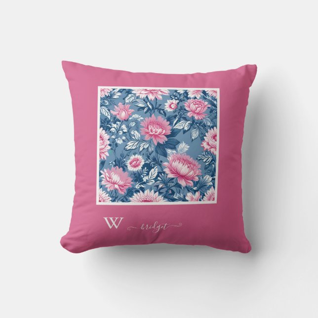 delft blue & pink French Toile Hampton Style Cushion (Front)