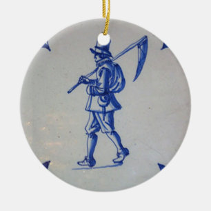 Delft Blue Tile - Mower Carrying Scythe or Sickle Ceramic Ornament