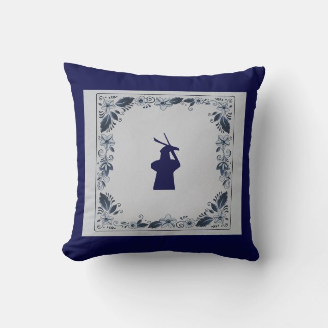 Delft blue tile windmill 'de Roos' in Delft Cushion (Front)