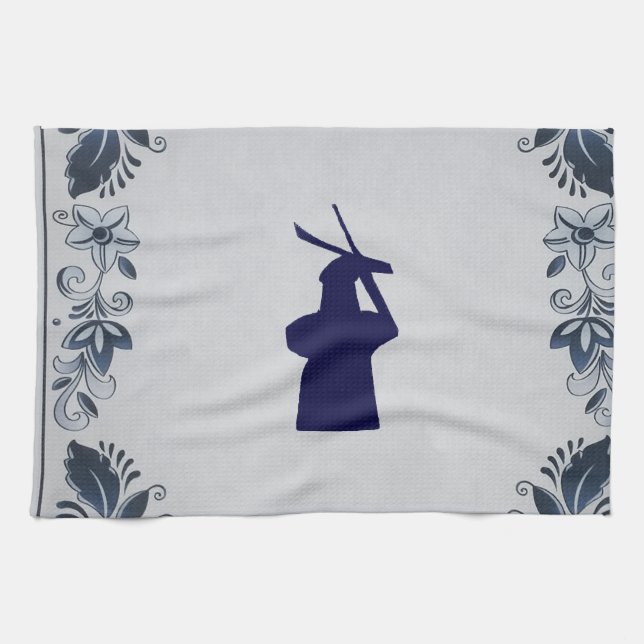 Delft blue tile windmill 'de Roos' in Delft Tea Towel (Horizontal)