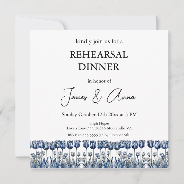 Delft Blue Tulip Rehearsal Dinner Invitation (Front)