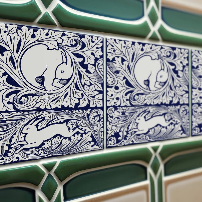 Delft Blue Victorian Hares Arts Crafts Movement Ceramic Tile (Creator Uploaded)
