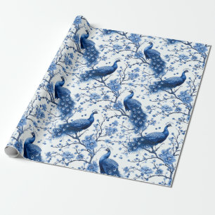 Delft Blue Vintage Blue Chinoiserie Peacock Wrapping Paper