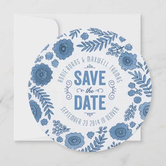 Delft Blue Watercolor Flowers Save the Date (Front)