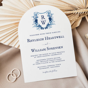 Delft Blue Watercolor Monogram Crest Arch Wedding Invitation