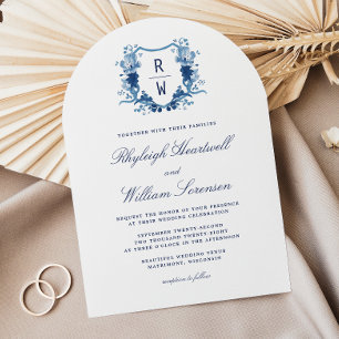 Delft Blue Watercolor Monogram Crest Arch Wedding Invitation