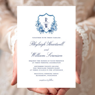 Delft Blue Watercolor Monogram Crest Wedding Invitation