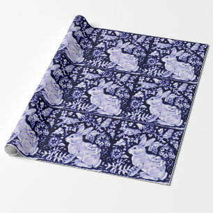 Delft Blue White Bunny Rabbit Birds Dedham Easter Wrapping Paper