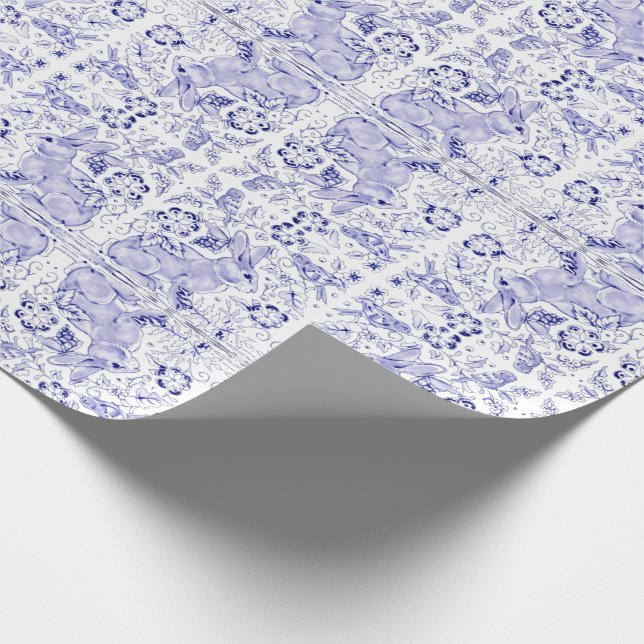 Delft Blue White Bunny Rabbit Birds Dedham Easter Wrapping Paper (Corner)