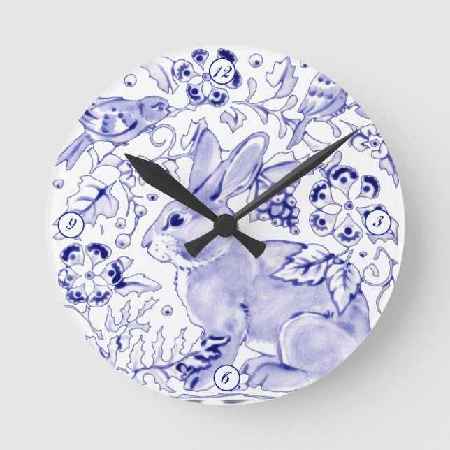 Delft Blue White Bunny Rabbit Birds Dedham Elegant Round Clock (Front)