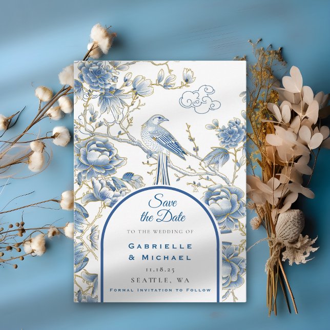 Delft Blue White Chinoiserie Porcelain Bird  Save The Date (Creator Uploaded)