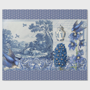 Delft Blue White Flower Bird Collage Decoupage Wrapping Paper
