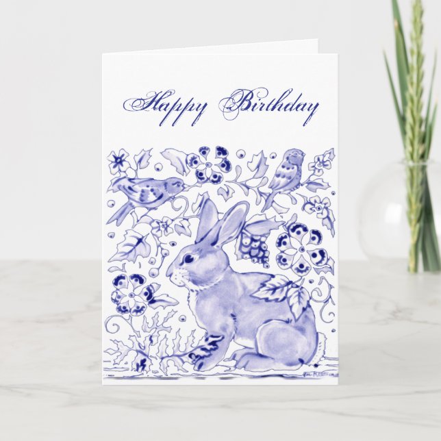 Delft Blue White Rabbit Birds Dedham Birthday Card (Front)