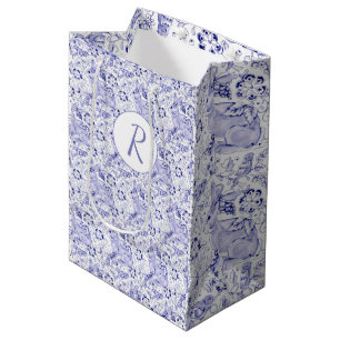 Delft Blue & White Rabbit Birds Easter Monogram Medium Gift Bag